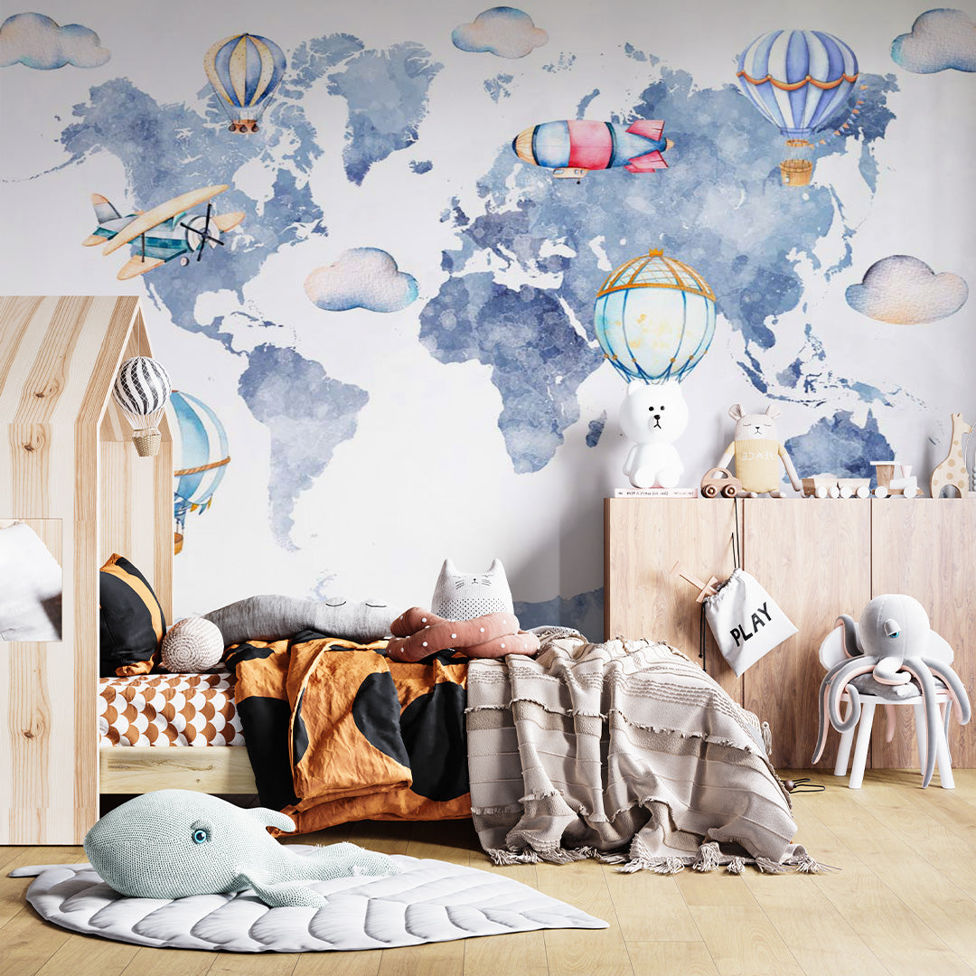 Watercolor Kids World Map Wall Mural Decals Posters for Girls Boys Baby Wallpaper for Kids