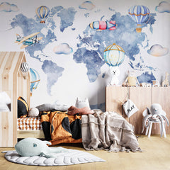 Custom Watercolor Kids World Map Wall Mural Decals Posters for Girls Boys Baby Wallpaper for Kids