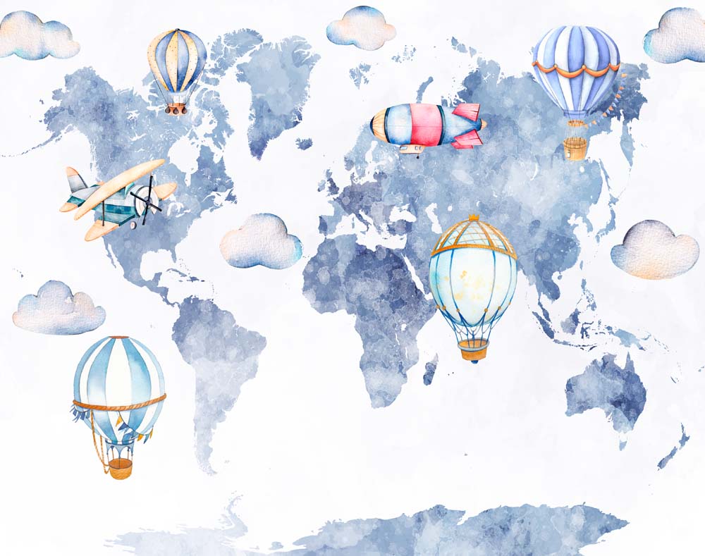 Watercolor World Map, Hot Air Balloons & Airplanes Mural