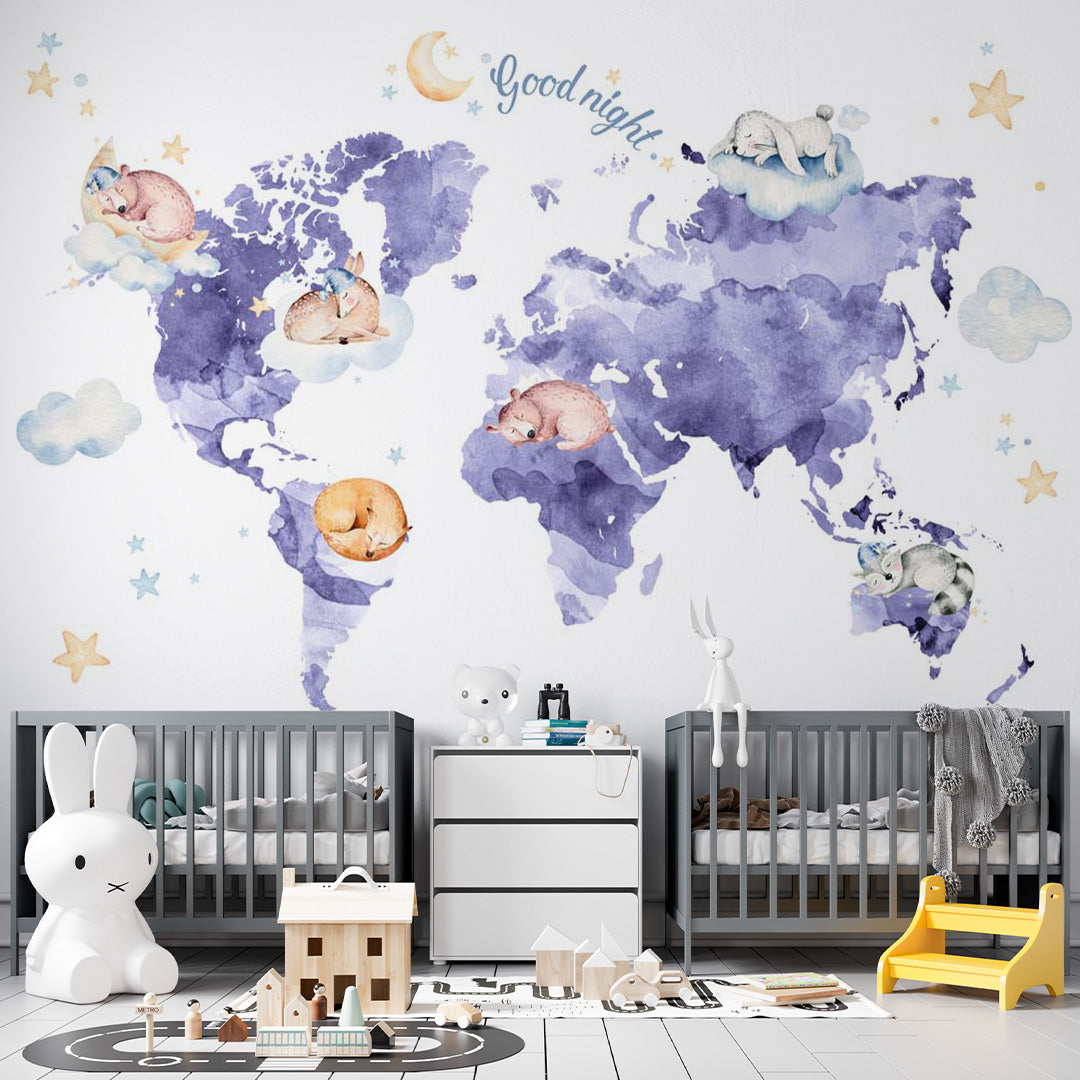 Watercolor Kids World Map for Toddlers Wall Mural for Girls Boys Baby Wallpaper for Kids