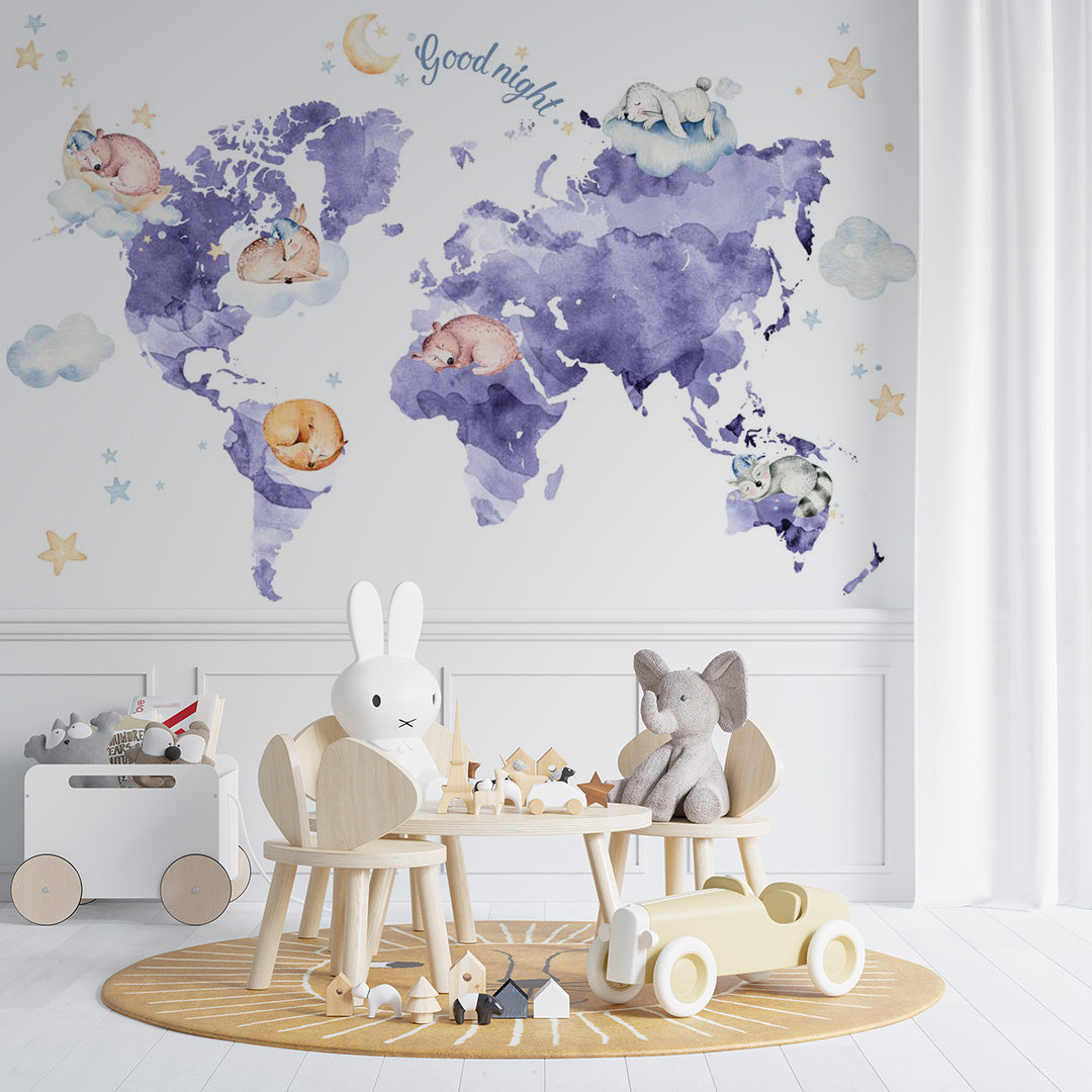 Watercolor Kids World Map for Toddlers Wall Mural for Girls Boys Baby Wallpaper for Kids