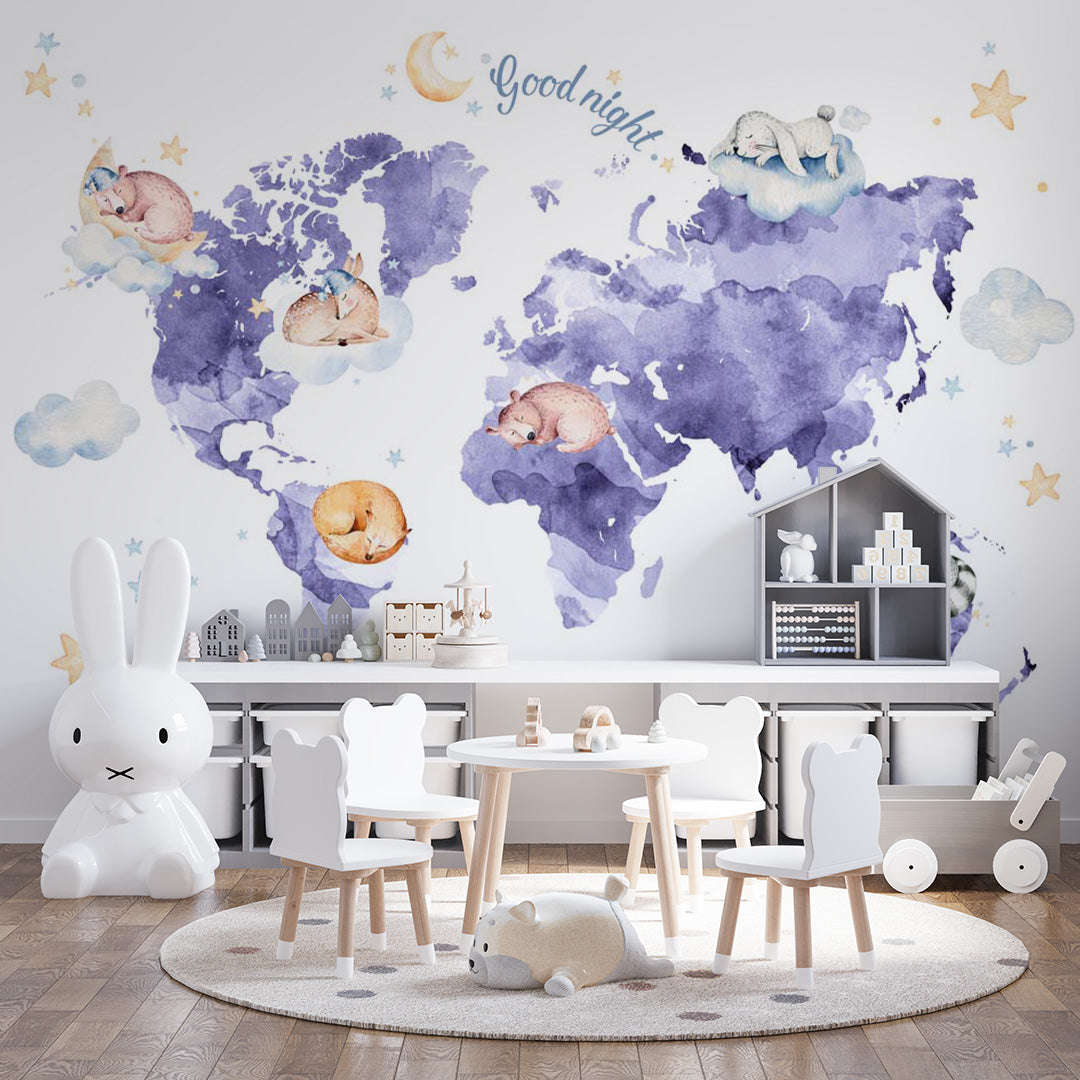 Watercolor Kids World Map for Toddlers Wall Mural for Girls Boys Baby Wallpaper for Kids