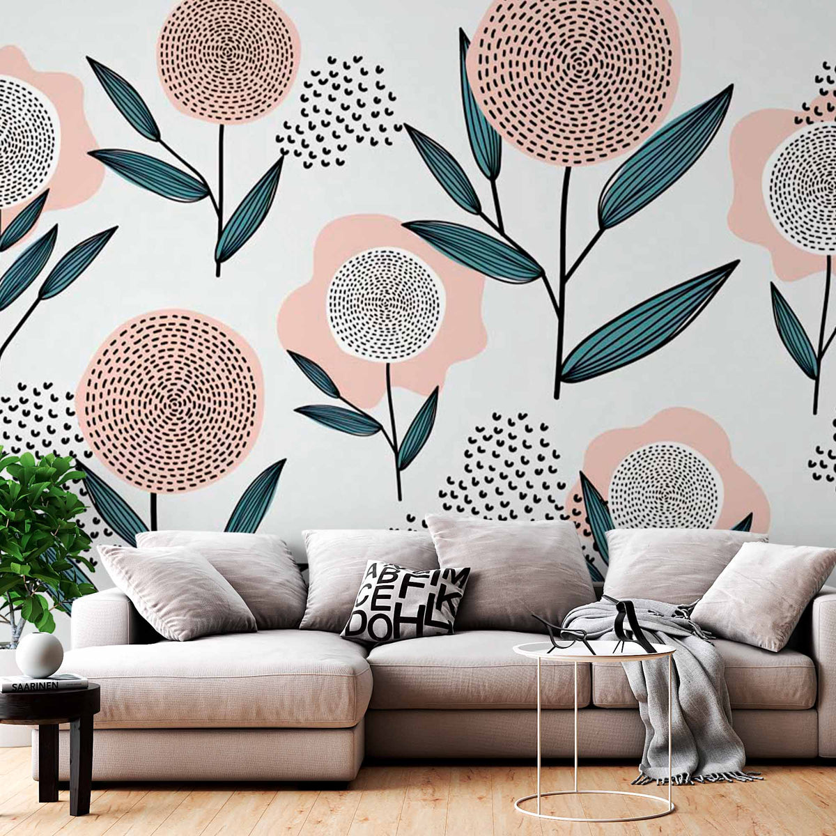 Custom Playful Abstract Floral Wall Mural Wallpaper with Modern Geometric Design