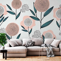 Custom Playful Abstract Floral Wall Mural Wallpaper with Modern Geometric Design