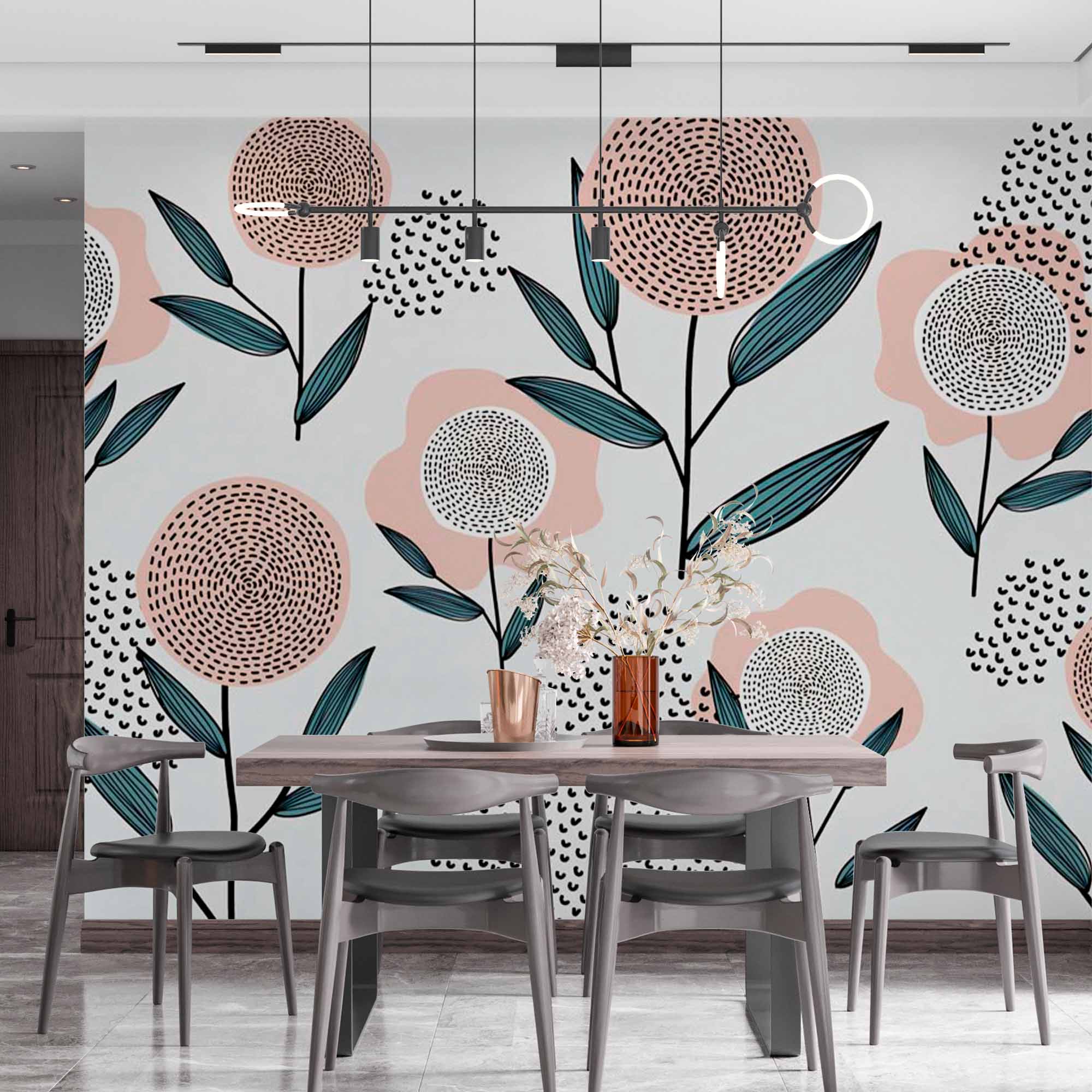 Playful Abstract Floral Wall Mural Wallpaper with Modern Geometric Design