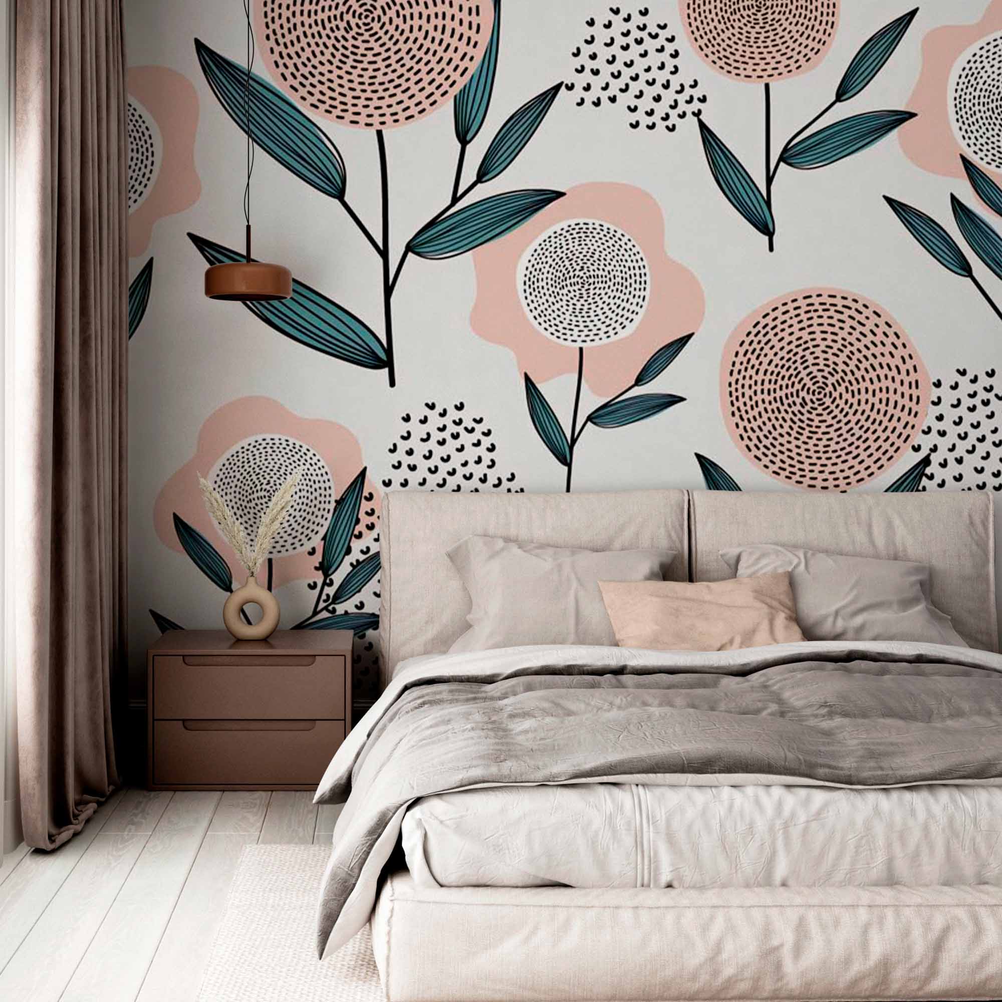 Playful Abstract Floral Wall Mural Wallpaper with Modern Geometric Design