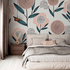 Custom Playful Abstract Floral Wall Mural Wallpaper with Modern Geometric Design