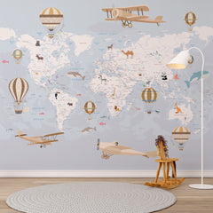 Custom Kids World Map with Countries Wall Mural Educational Wallpaper for Kids