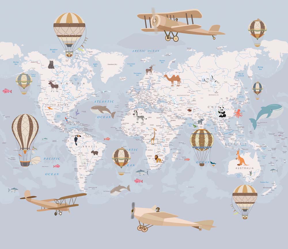 Papier peint panoramique carte aviation et animaux autour du monde