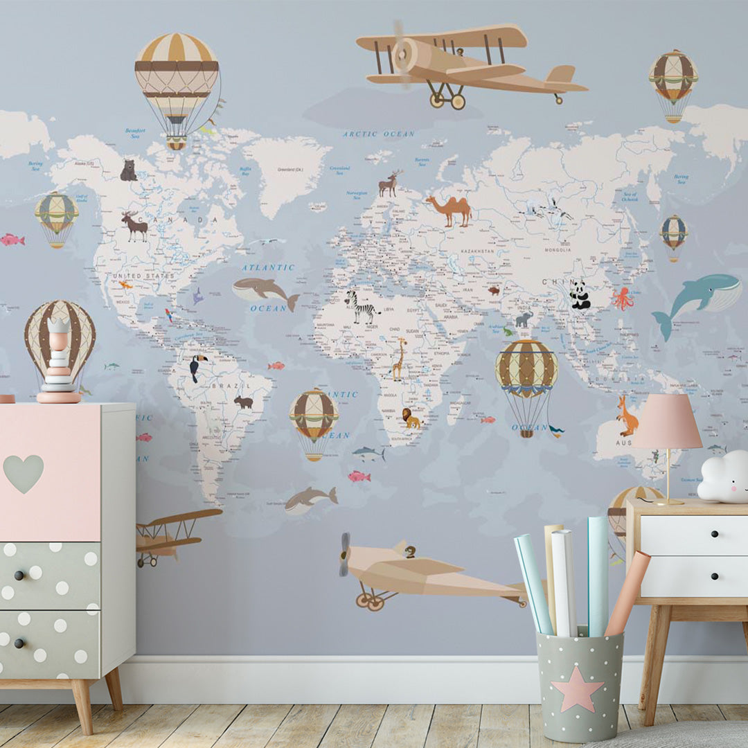 Kids World Map with Countries Wall Mural Educational Wallpaper for Kids