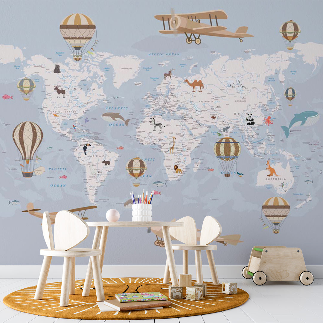 Kids World Map with Countries Wall Mural Educational Wallpaper for Kids