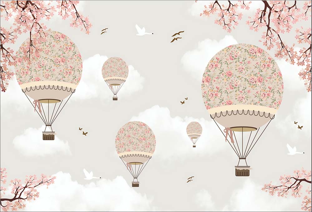 Kids Wall Mural Sakura Blossom Hot Air Balloons Sky Clouds Spring Wallpaper for Kids