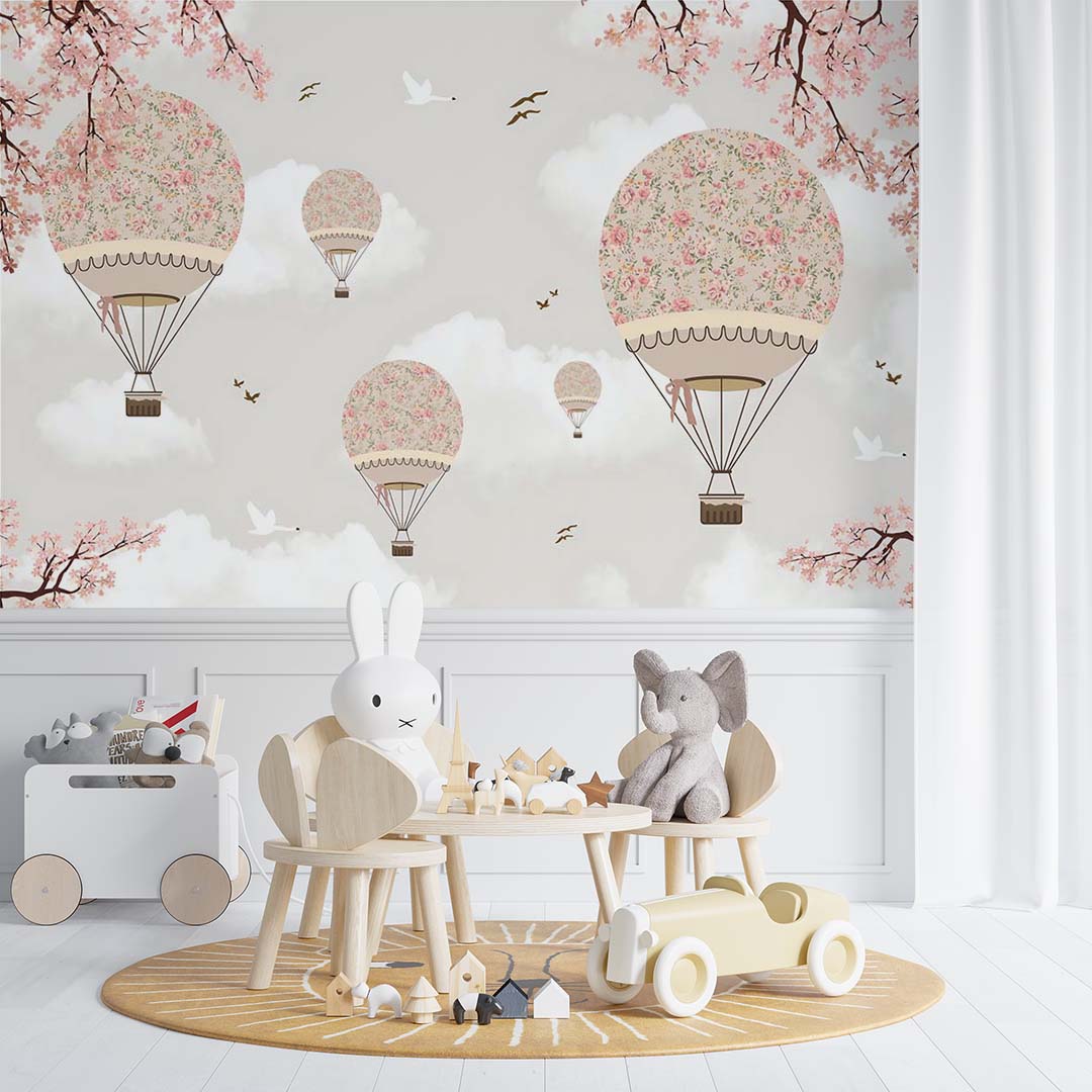 Kids Wall Mural Sakura Blossom Hot Air Balloons Sky Clouds Spring Wallpaper for Kids