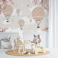 Custom "Kids Wall Mural Sakura Blossom Hot Air Balloons Sky Clouds Spring Wallpaper for Kids "