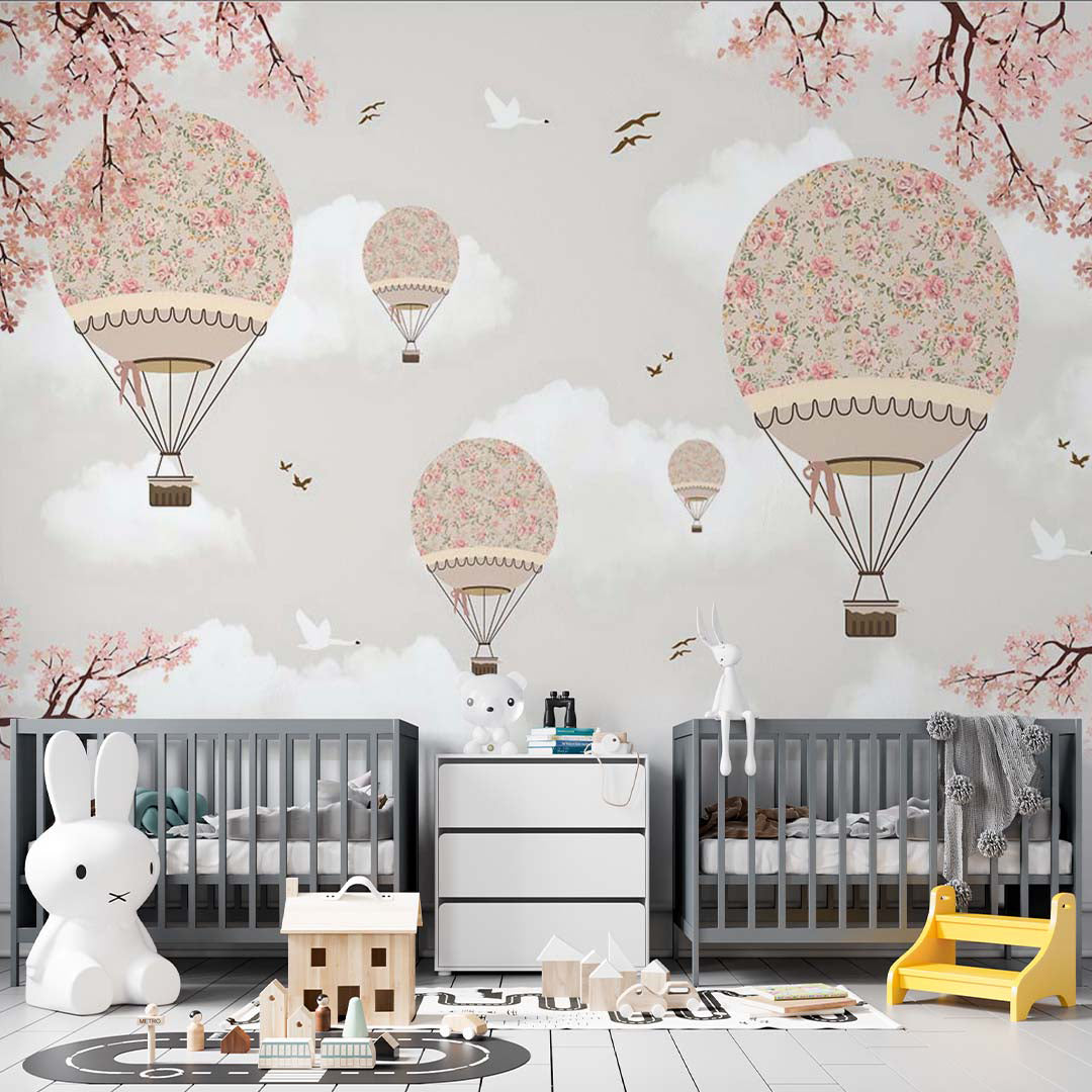 Kids Wall Mural Sakura Blossom Hot Air Balloons Sky Clouds Spring Wallpaper for Kids