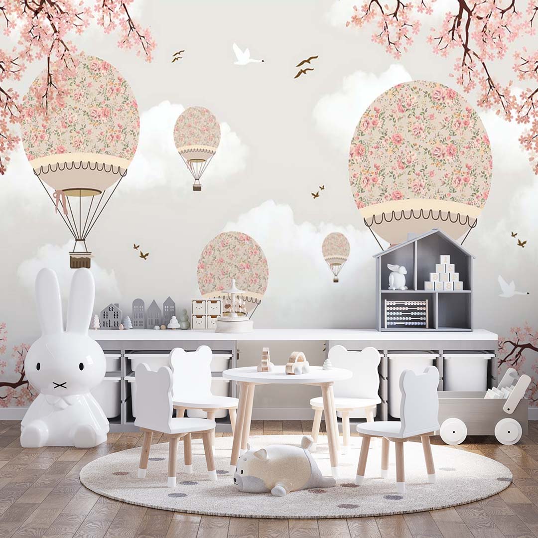 Kids Wall Mural Sakura Blossom Hot Air Balloons Sky Clouds Spring Wallpaper for Kids