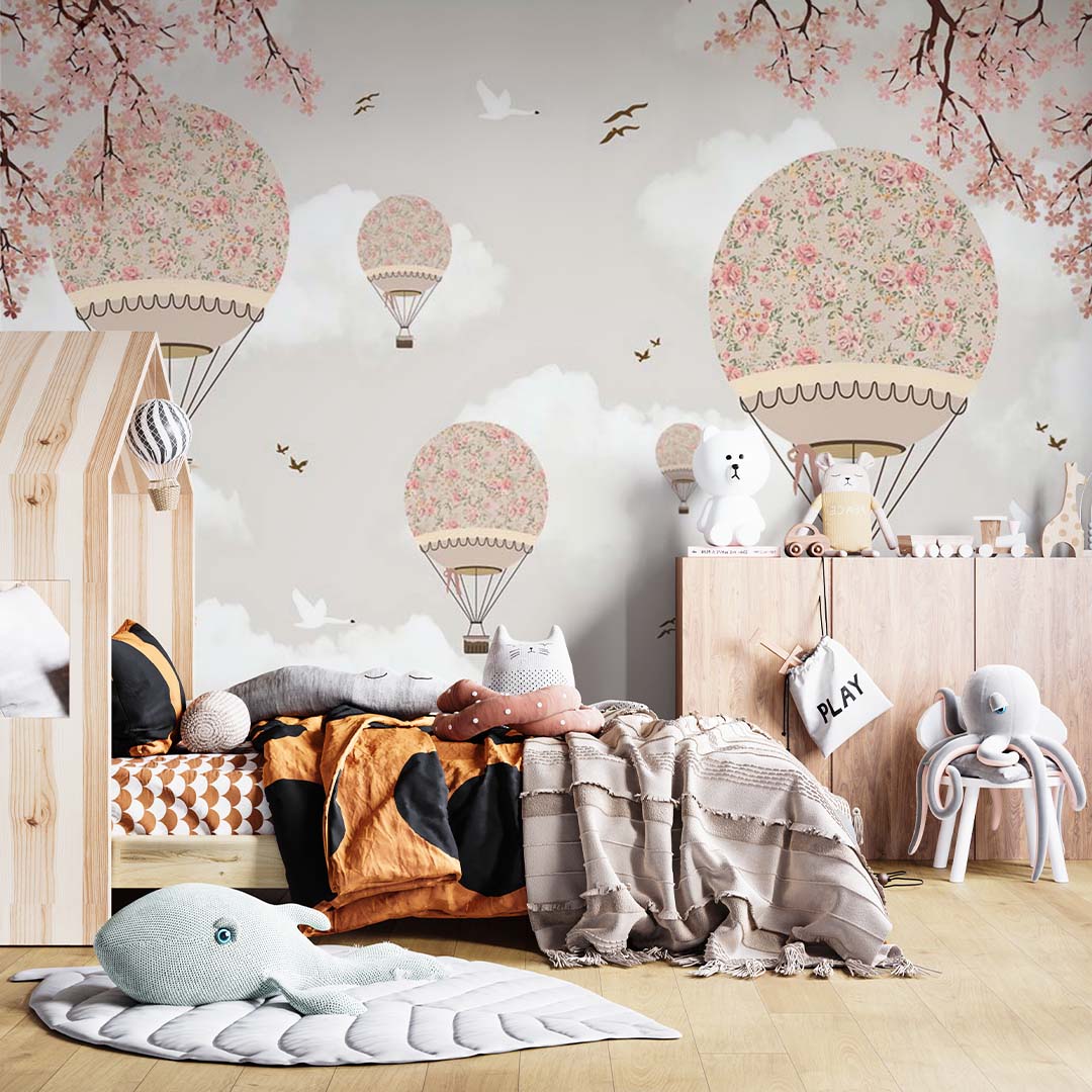 Kids Wall Mural Sakura Blossom Hot Air Balloons Sky Clouds Spring Wallpaper for Kids