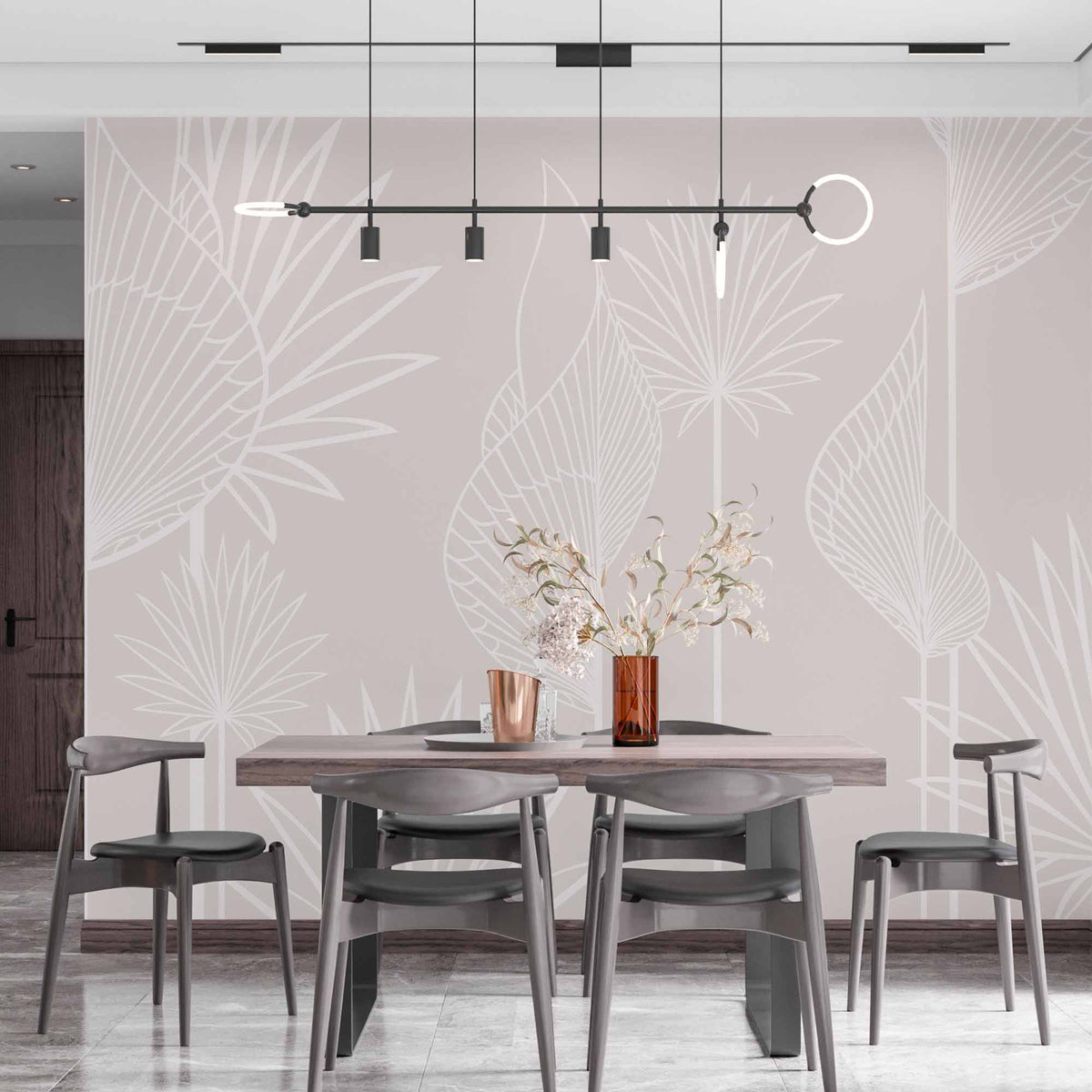 Custom Minimalist Line Art Botanical Wall Mural Wallpaper in Neutral Tones