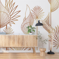 Custom Golden Line Art Palm Leaves Wallpaper