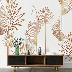 Custom Golden Line Art Palm Leaves Wallpaper