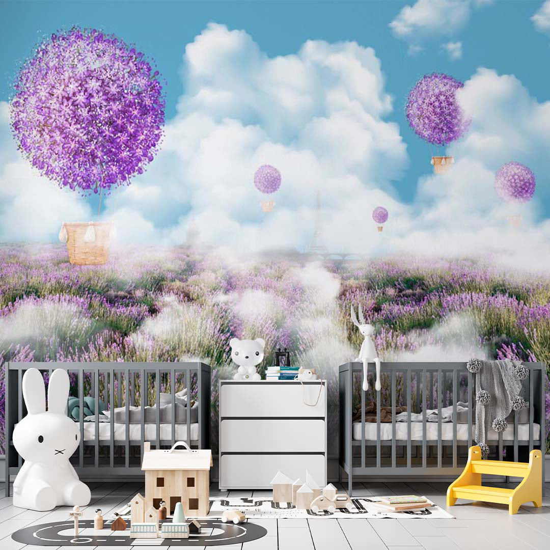 Kids Wall Mural Lavender Blossom Hot Air Balloons Eiffel Tower French Style Wallpaper for Teens