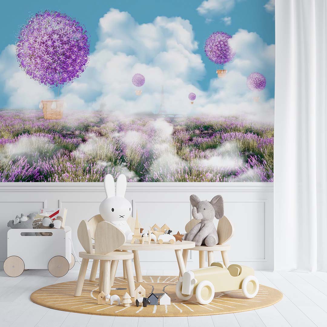 Kids Wall Mural Lavender Blossom Hot Air Balloons Eiffel Tower French Style Wallpaper for Teens