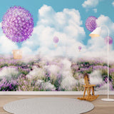 Kids Wall Mural Lavender Blossom Hot Air Balloons Eiffel Tower French Style Wallpaper for Teens