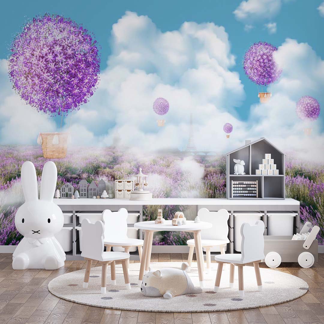 Kids Wall Mural Lavender Blossom Hot Air Balloons Eiffel Tower French Style Wallpaper for Teens