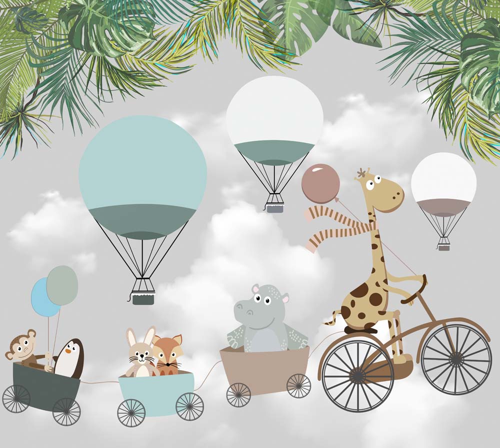 Kids Wall Mural Funny Animals Hot Air Balloons Tropical Leaves Wallpaper for Kids