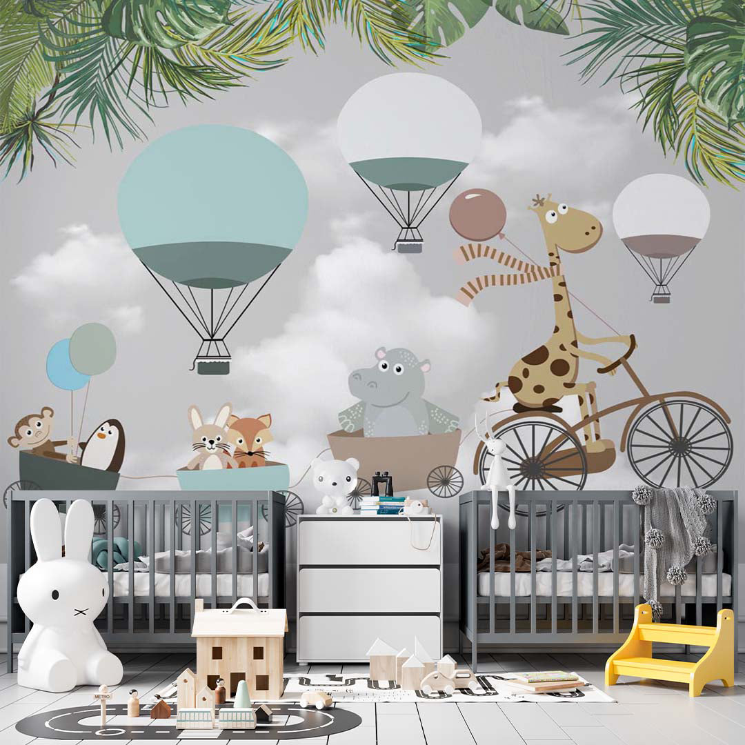 Kids Wall Mural Funny Animals Hot Air Balloons Tropical Leaves Wallpaper for Kids