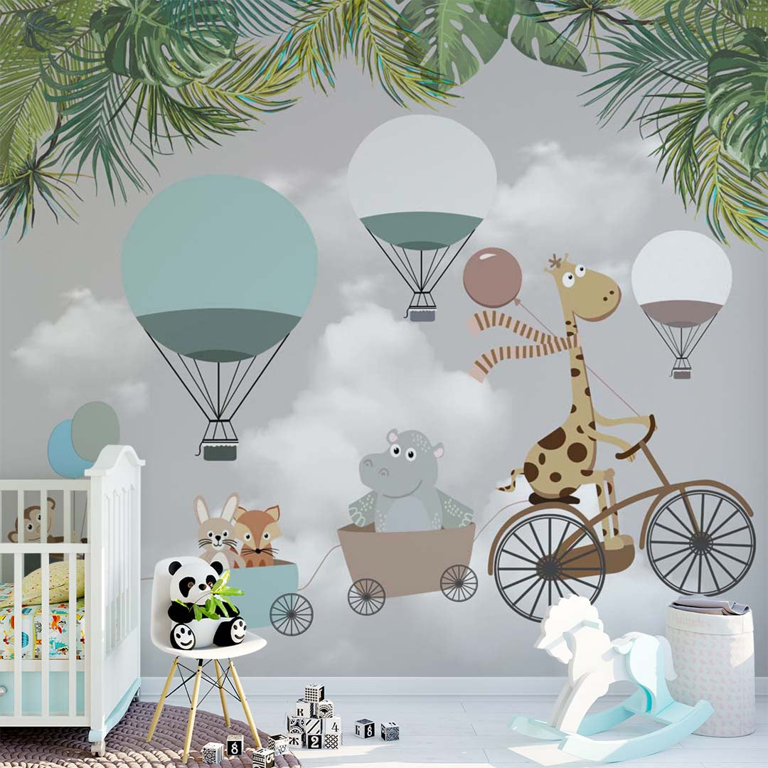 Kids Wall Mural Funny Animals Hot Air Balloons Tropical Leaves Wallpaper for Kids