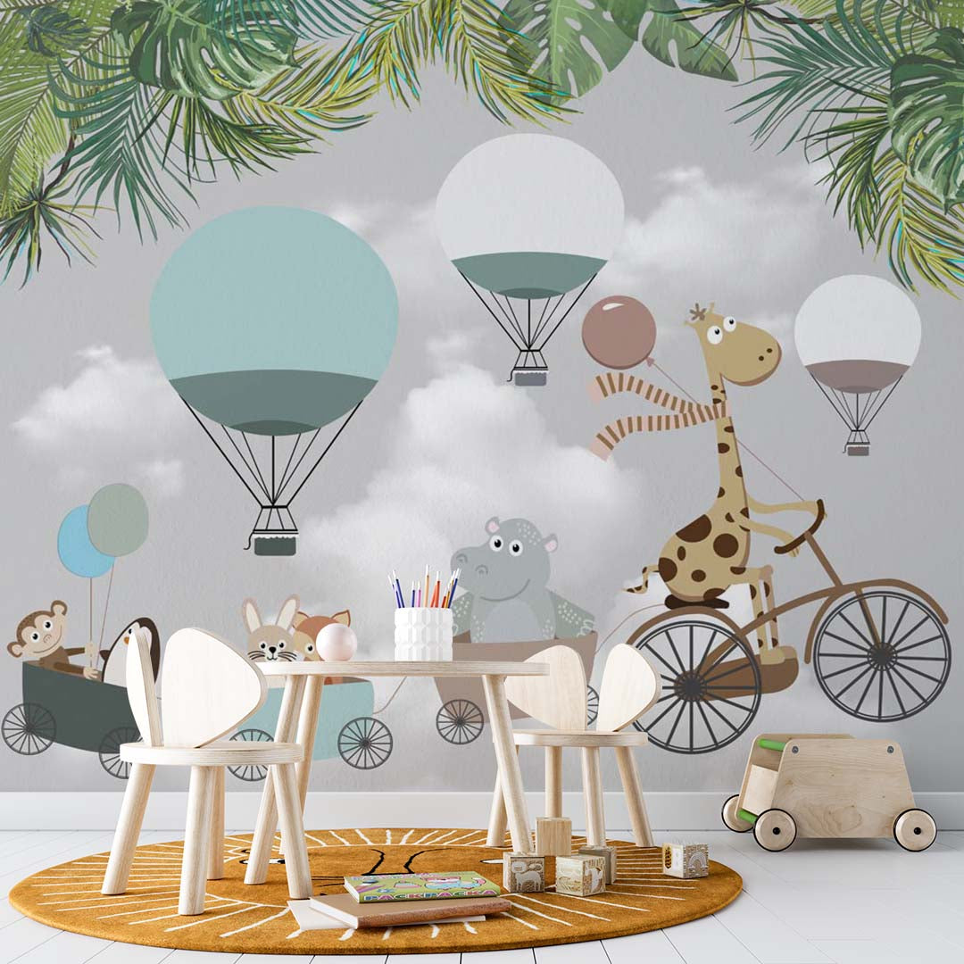 Kids Wall Mural Funny Animals Hot Air Balloons Tropical Leaves Wallpaper for Kids