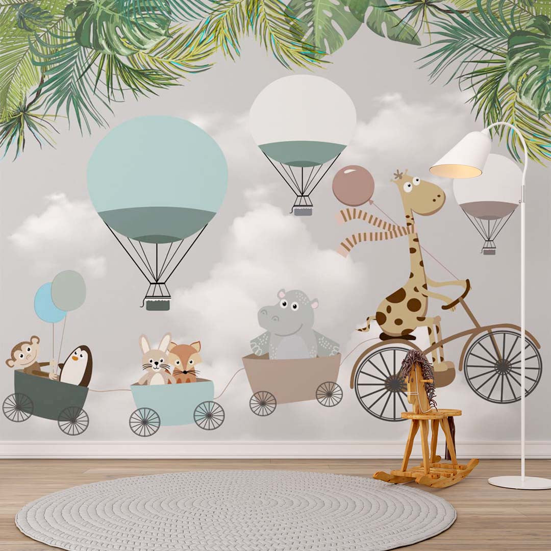 Kids Wall Mural Funny Animals Hot Air Balloons Tropical Leaves Wallpaper for Kids