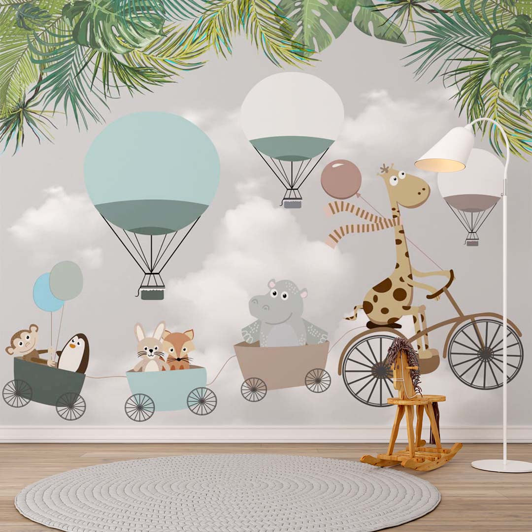 Custom "Kids Wall Mural Funny Animals Hot Air Balloons Tropical Leaves Wallpaper for Kids "