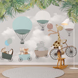 Kids Wall Mural Funny Animals Hot Air Balloons Tropical Leaves Wallpaper for Kids