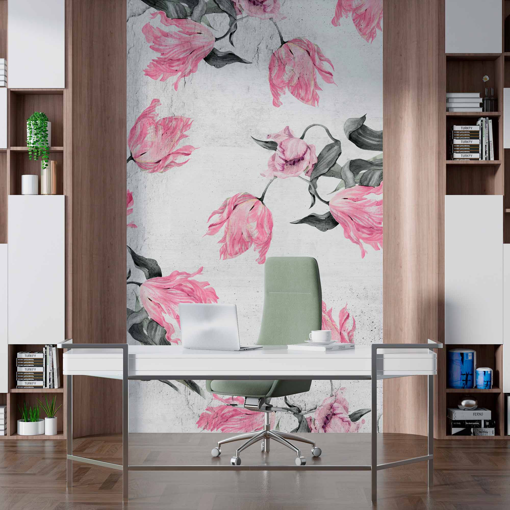 Artistic Pink Tulip Wall Mural Wallpaper with Rustic Concrete Background