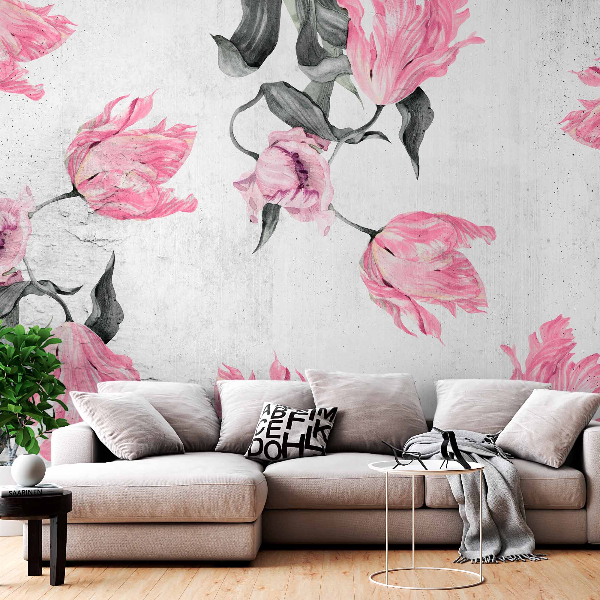 Artistic Pink Tulip Wall Mural Wallpaper with Rustic Concrete Background