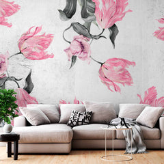 Custom Artistic Pink Tulip Wall Mural Wallpaper with Rustic Concrete Background