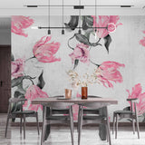 Artistic Pink Tulip Wall Mural Wallpaper with Rustic Concrete Background