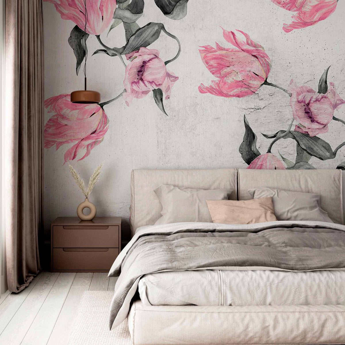 Artistic Pink Tulip Wall Mural Wallpaper with Rustic Concrete Background