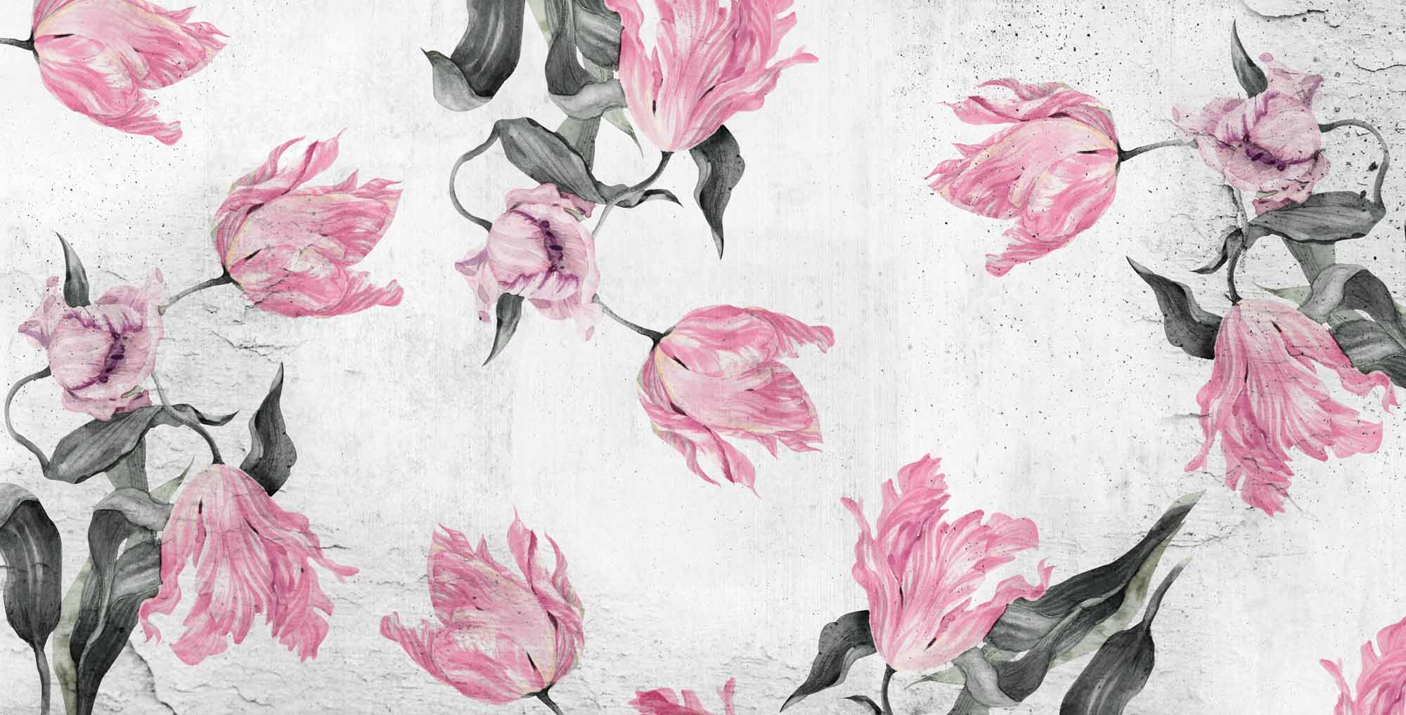 Artistic Pink Tulip Wall Mural Wallpaper with Rustic Concrete Background