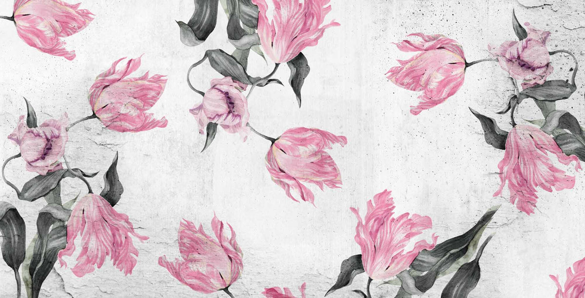 Roze tulpenbehang – artistiek bloemenfotobehang op beton