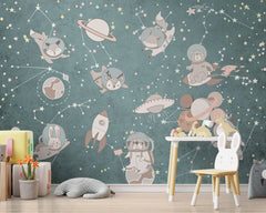 Custom Kids Wall Mural Outer Space Animals Cartoon Astronauts Nursery Wallpaper