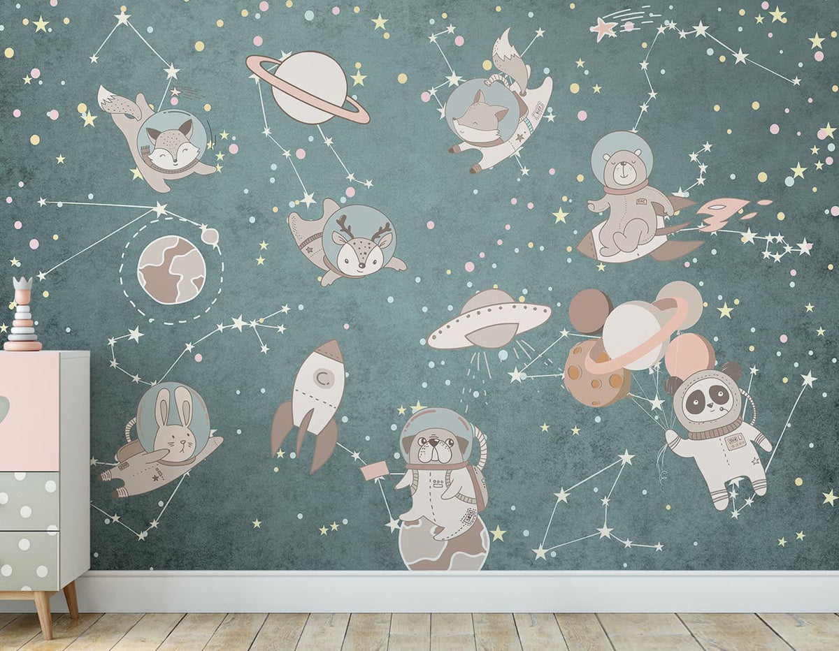 Custom Kids Wall Mural Outer Space Animals Cartoon Astronauts Nursery Wallpaper