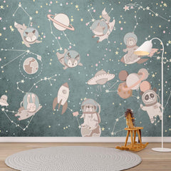 Custom Kids Wall Mural Outer Space Animals Cartoon Astronauts Nursery Wallpaper