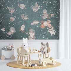 Custom Kids Wall Mural Outer Space Animals Cartoon Astronauts Nursery Wallpaper