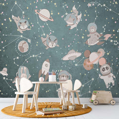 Custom Kids Wall Mural Outer Space Animals Cartoon Astronauts Nursery Wallpaper