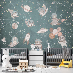 Custom Kids Wall Mural Outer Space Animals Cartoon Astronauts Nursery Wallpaper