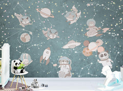 Custom Kids Wall Mural Outer Space Animals Cartoon Astronauts Nursery Wallpaper