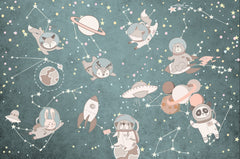 Custom Kids Wall Mural Outer Space Animals Cartoon Astronauts Nursery Wallpaper